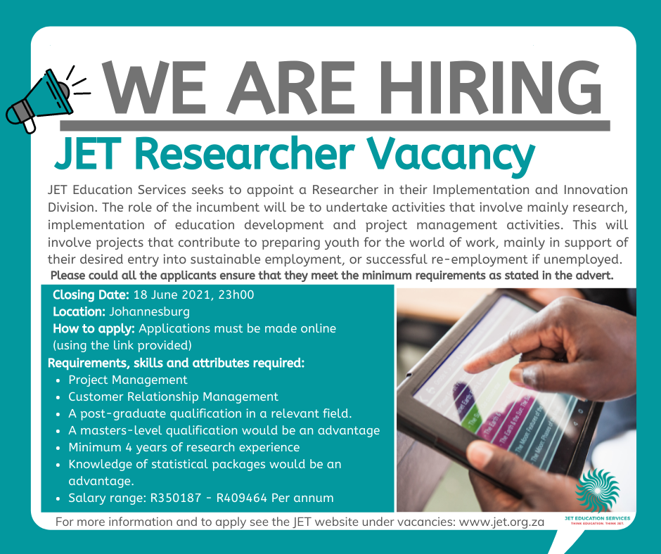 WE ARE HIRING JET Researcher Vacancy — JET Education Services